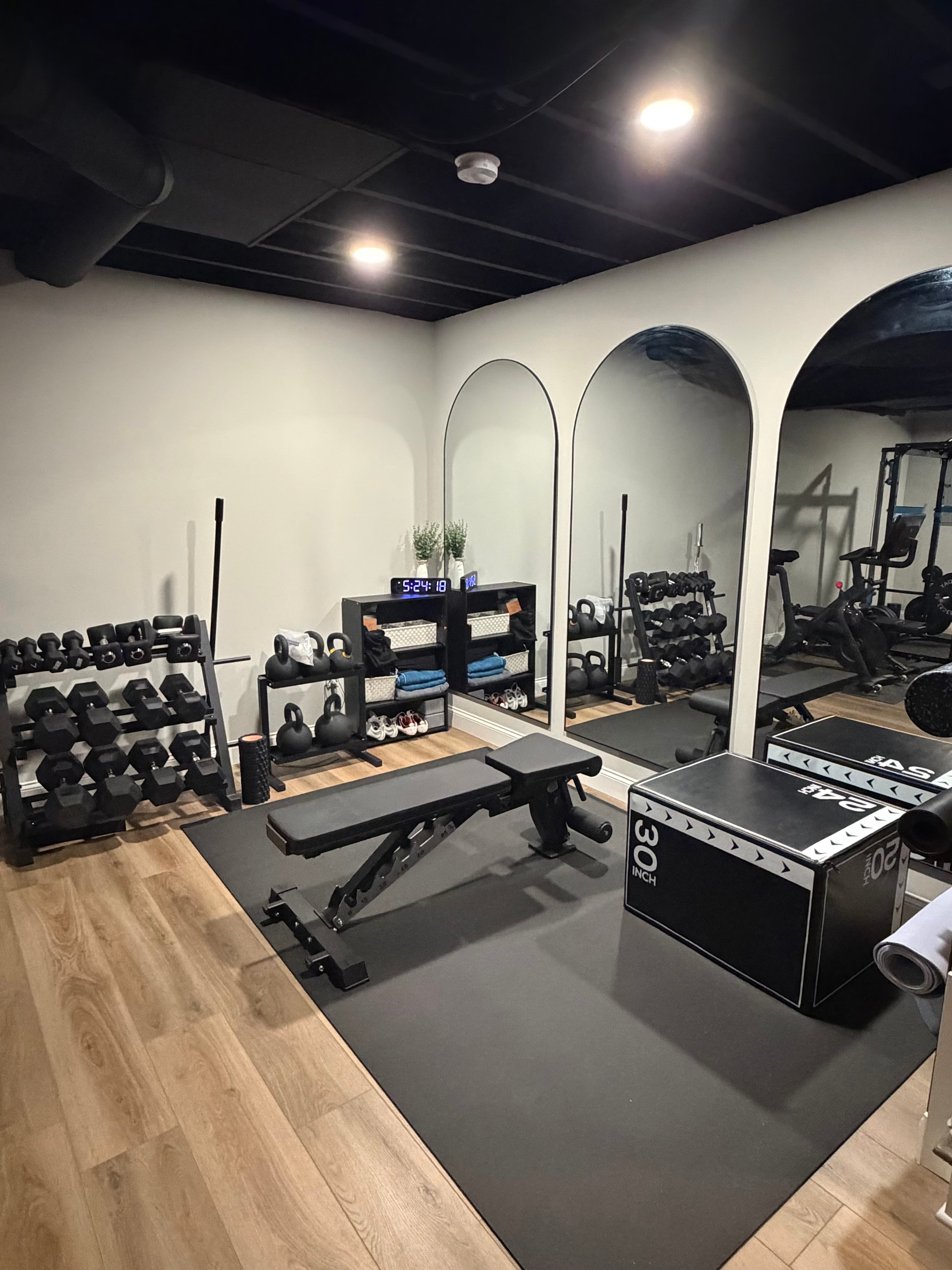 Finished basement home gym with arch mirrors and equipment