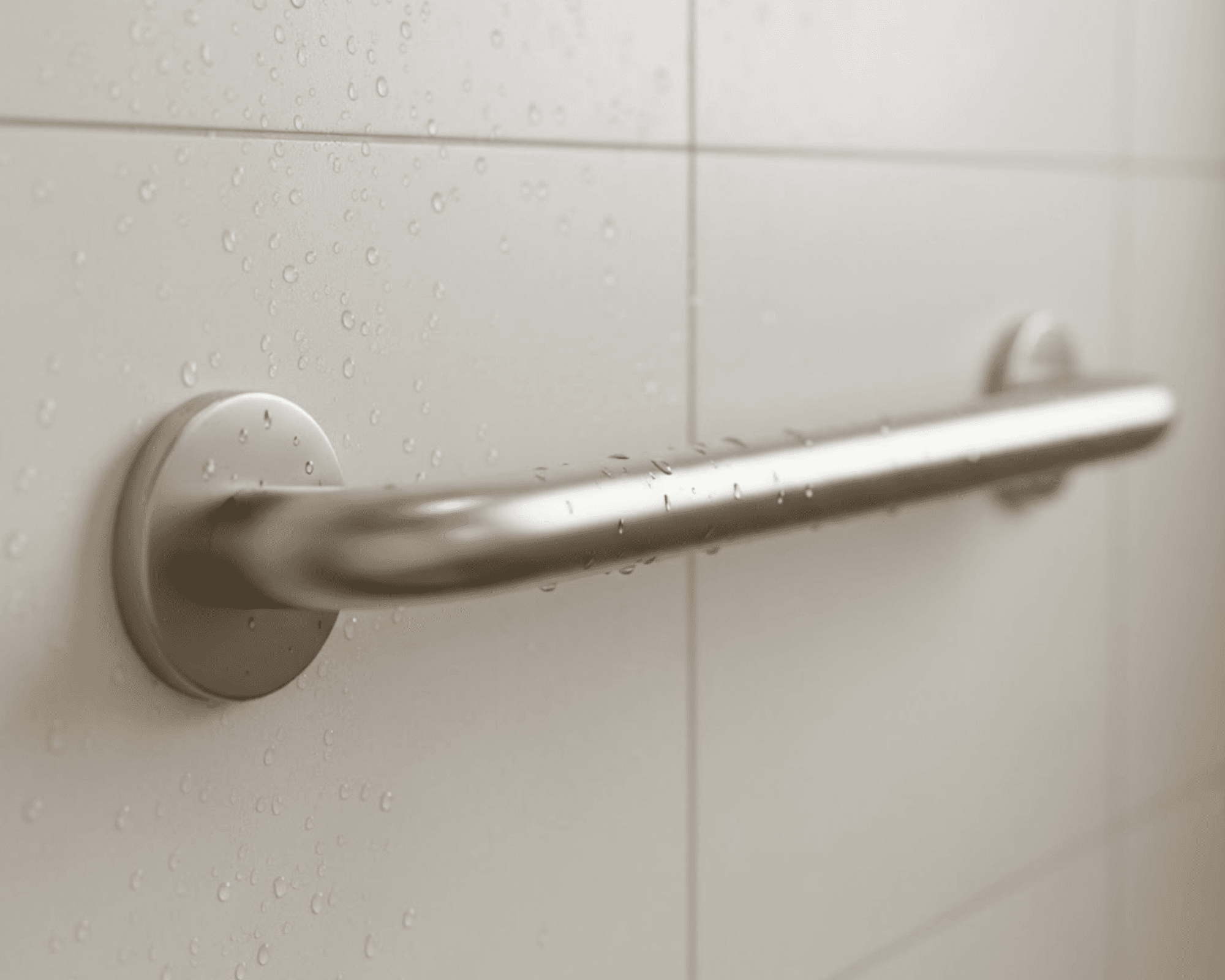 Brushed nickel grab bar detail in shower