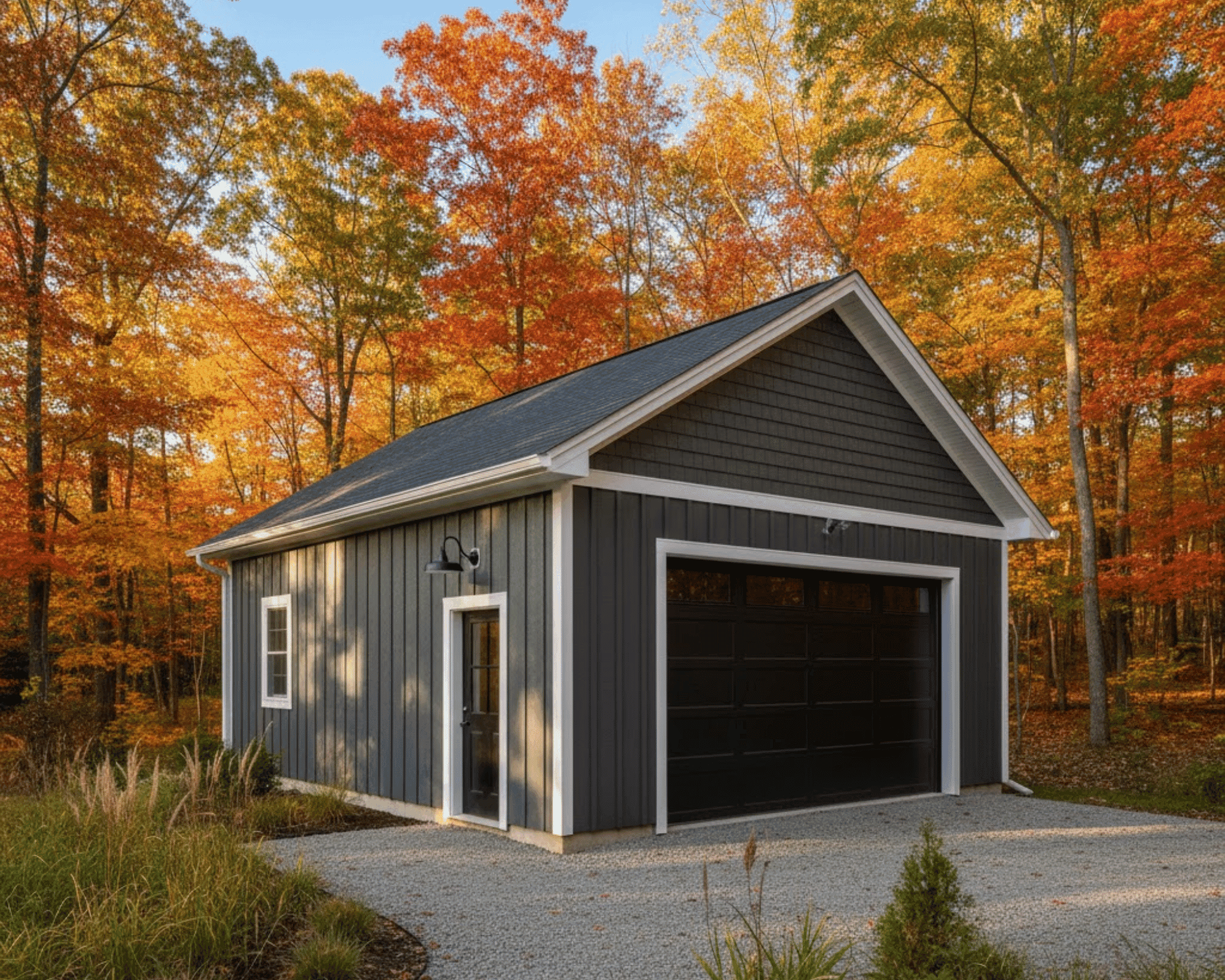 Custom detached garage with dark siding surrounded by fall foliage