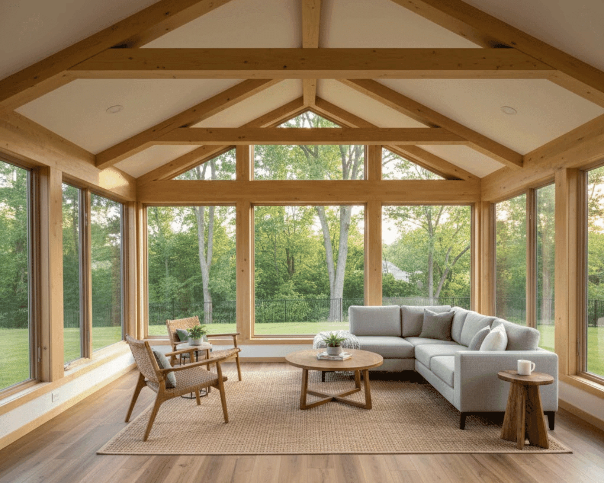 Sunroom addition with vaulted wood beam ceiling