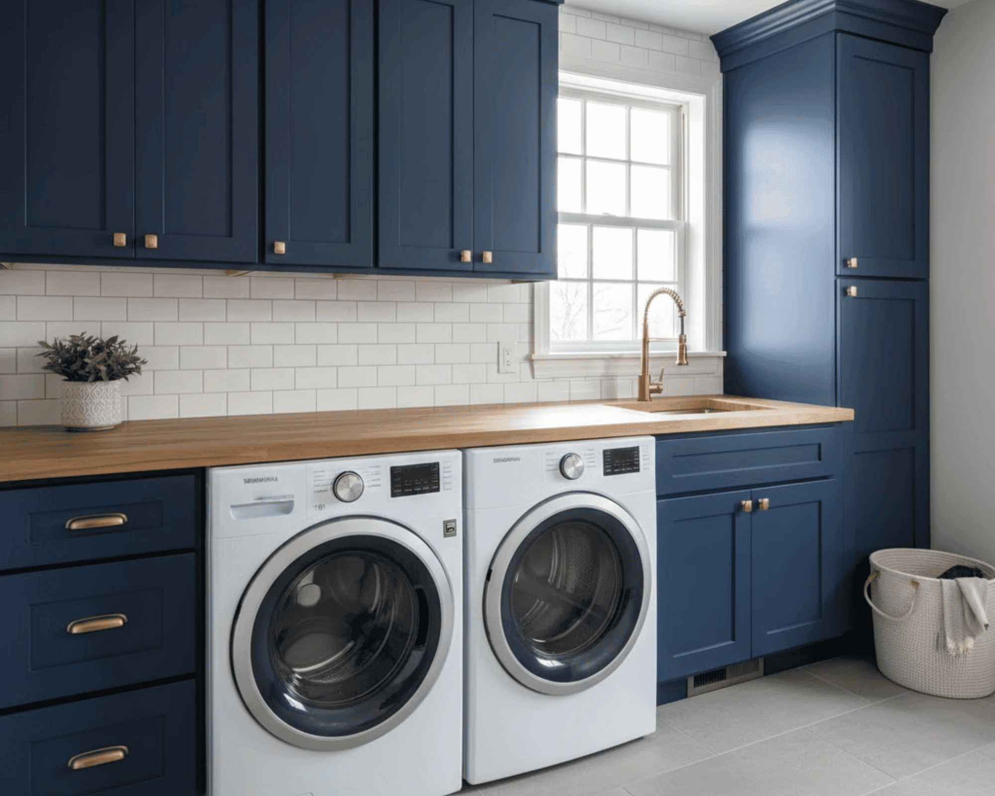 Modern laundry room with navy cabinets and brass hardware