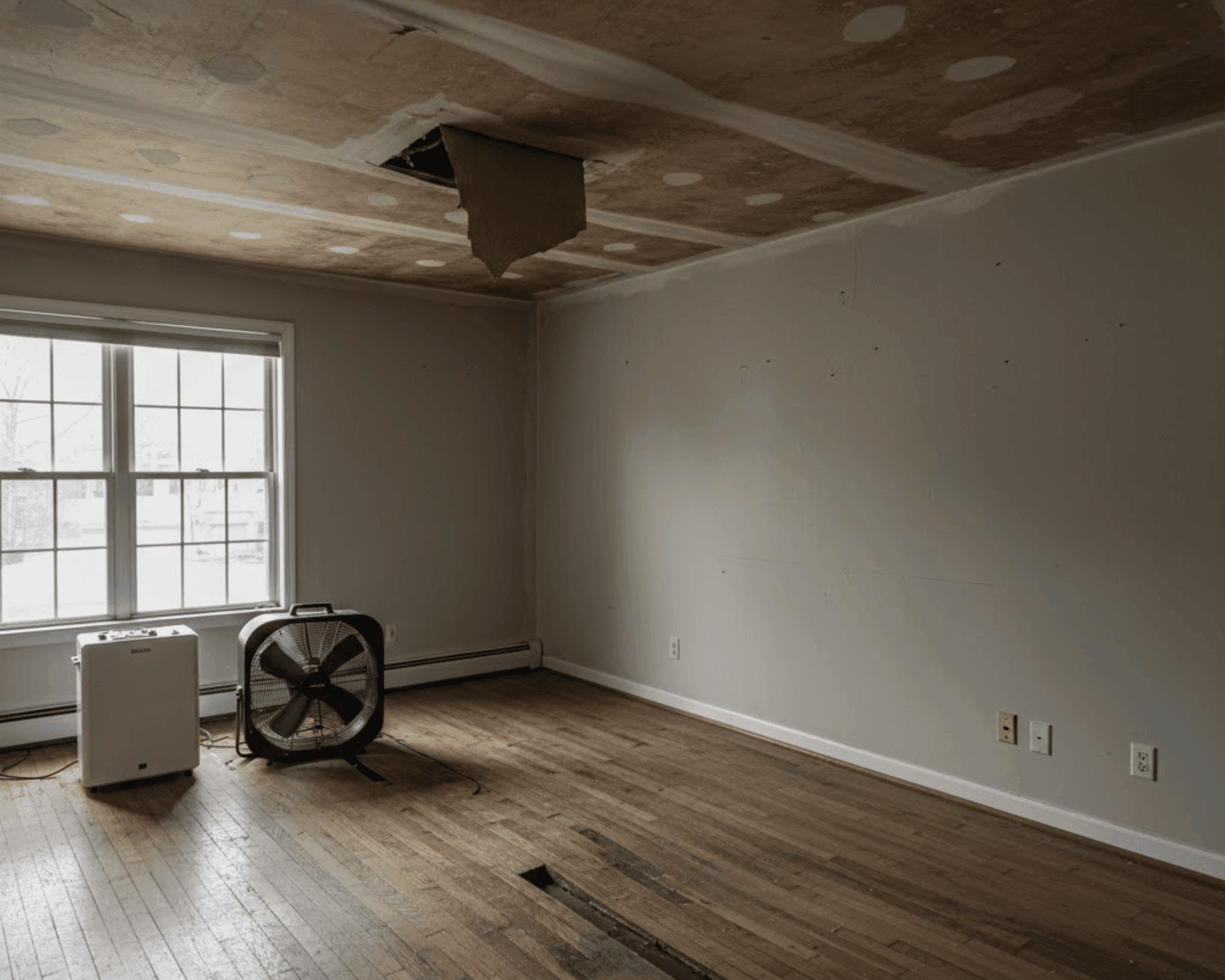 Water damage restoration in progress with industrial fans